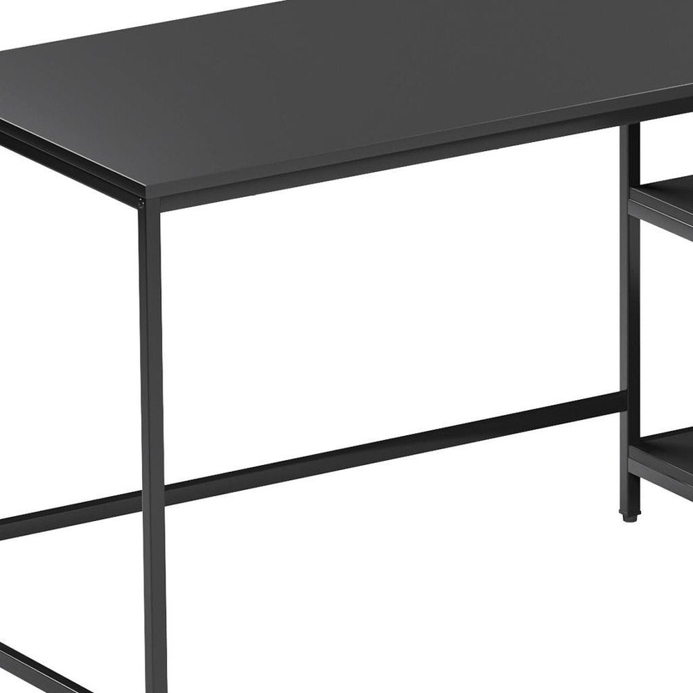 55" Black Wood and Stainless Steel L Shape Computer Desk With Two Drawers