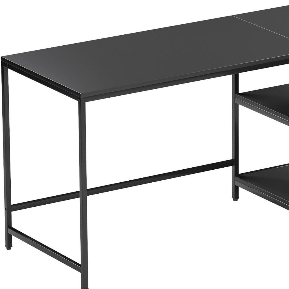 55" Black Wood and Stainless Steel L Shape Computer Desk With Two Drawers