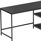 55" Black Wood and Stainless Steel L Shape Computer Desk With Two Drawers