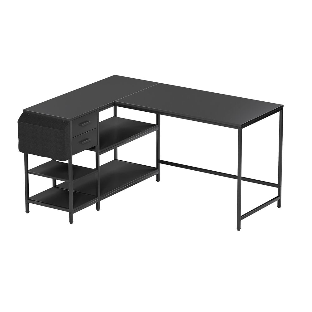 55" Black Wood and Stainless Steel L Shape Computer Desk With Two Drawers