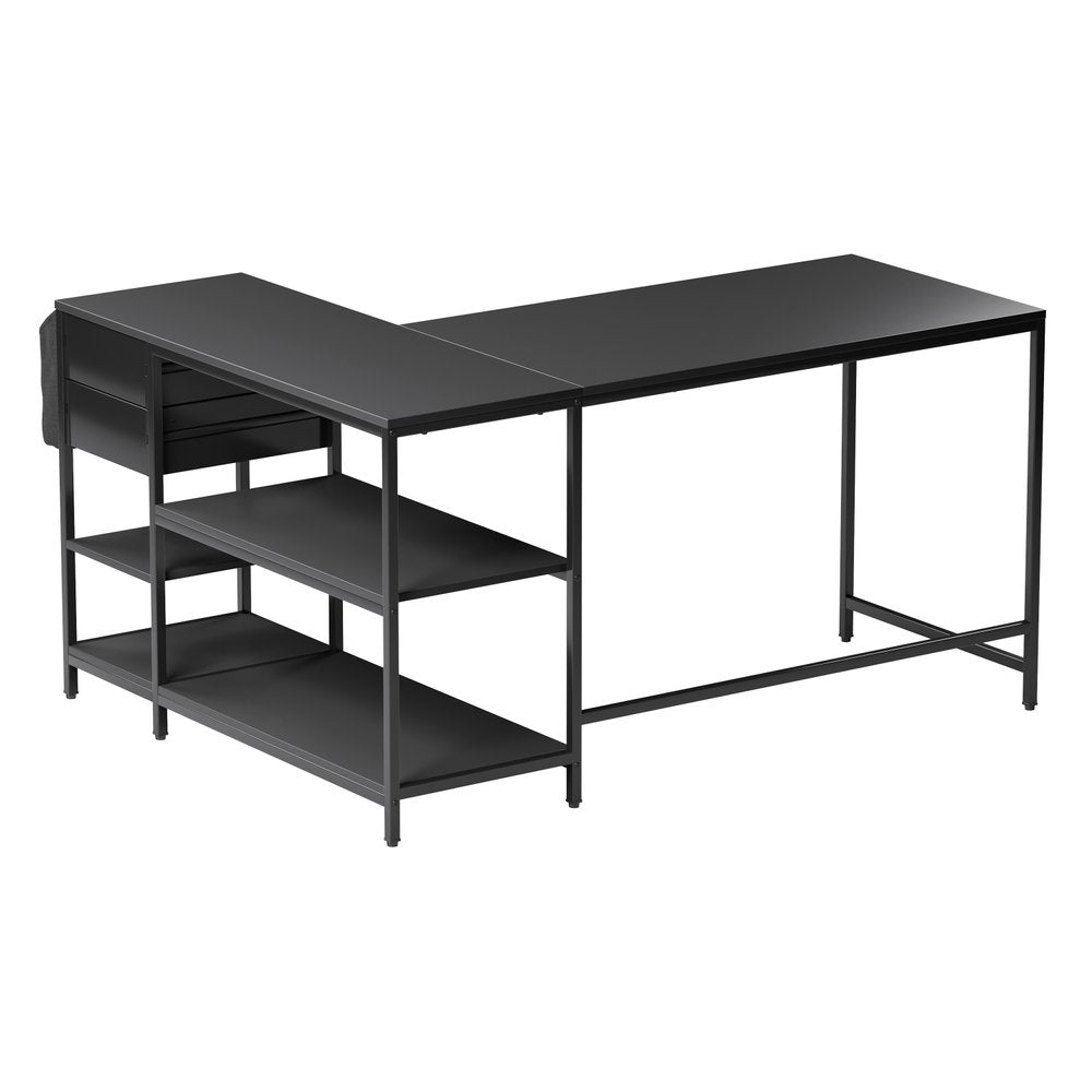 55" Black Wood and Stainless Steel L Shape Computer Desk With Two Drawers