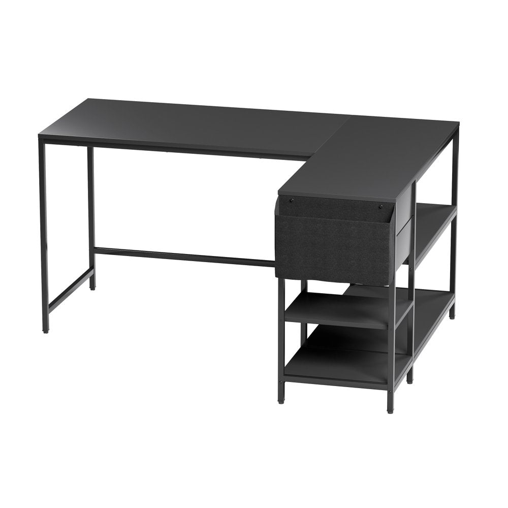 55" Black Wood and Stainless Steel L Shape Computer Desk With Two Drawers