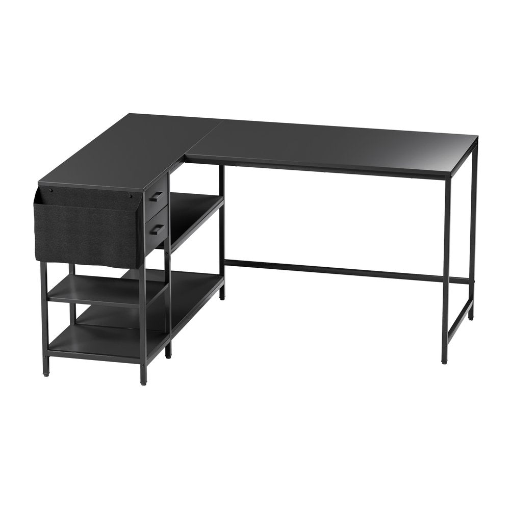 55" Black Wood and Stainless Steel L Shape Computer Desk With Two Drawers