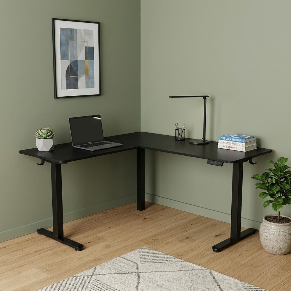 Adjustable Black Wood and Steel L Shape Standing Desk