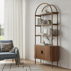 71" Brown Steel and Wood Four Tier Etagere Bookcase with Two Doors