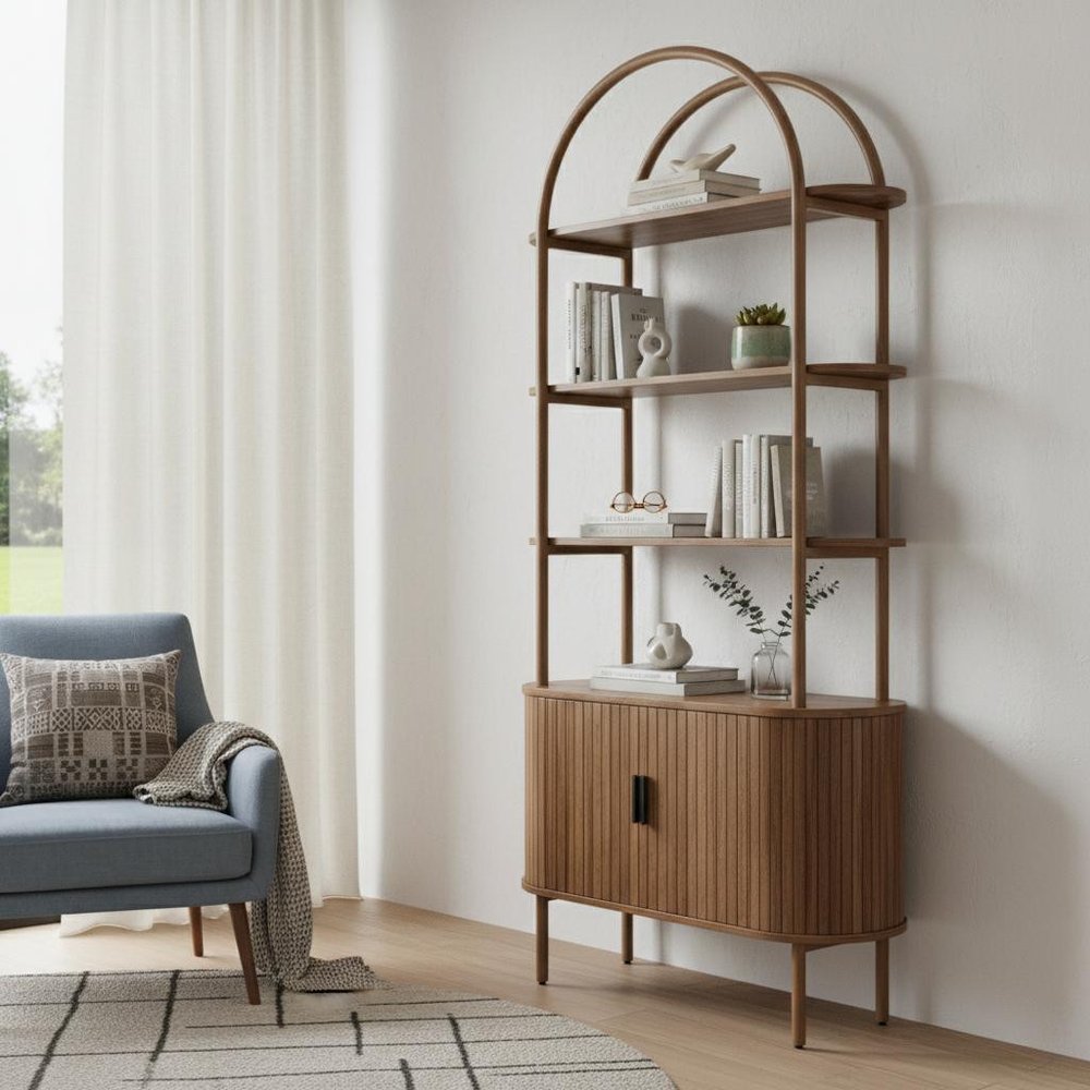 71" Brown Steel and Wood Four Tier Etagere Bookcase with Two Doors