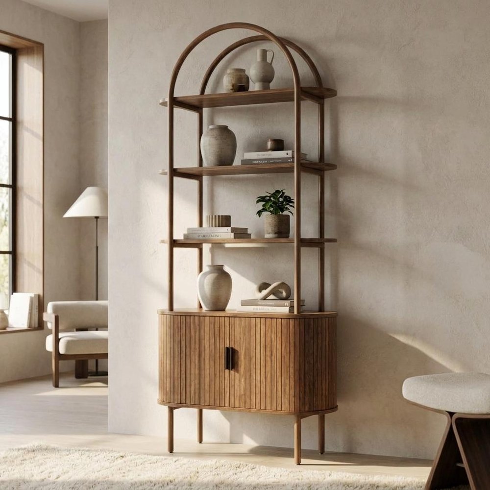 71" Brown Steel and Wood Four Tier Etagere Bookcase with Two Doors