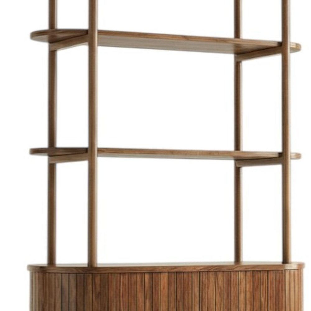 71" Brown Steel and Wood Four Tier Etagere Bookcase with Two Doors