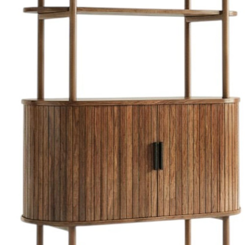 71" Brown Steel and Wood Four Tier Etagere Bookcase with Two Doors