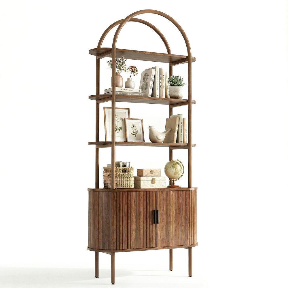 71" Brown Steel and Wood Four Tier Etagere Bookcase with Two Doors