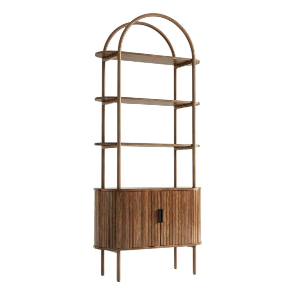 71" Brown Steel and Wood Four Tier Etagere Bookcase with Two Doors