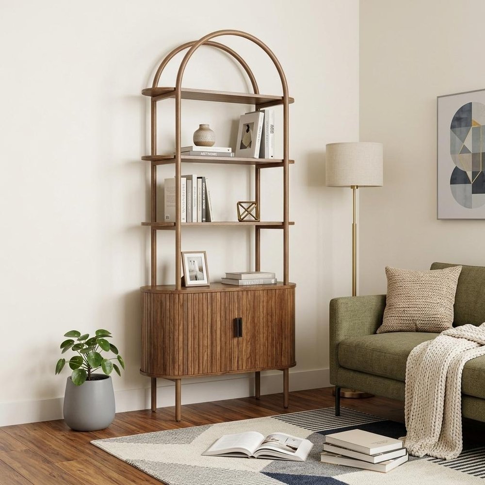 71" Brown Steel and Wood Four Tier Etagere Bookcase with Two Doors