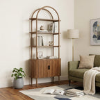 71" Brown Steel and Wood Four Tier Etagere Bookcase with Two Doors