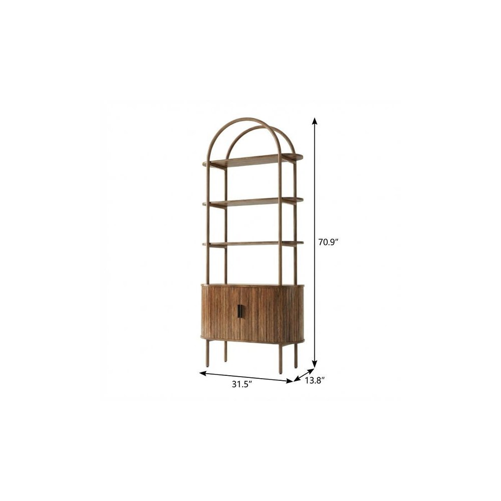 71" Brown Steel and Wood Four Tier Etagere Bookcase with Two Doors
