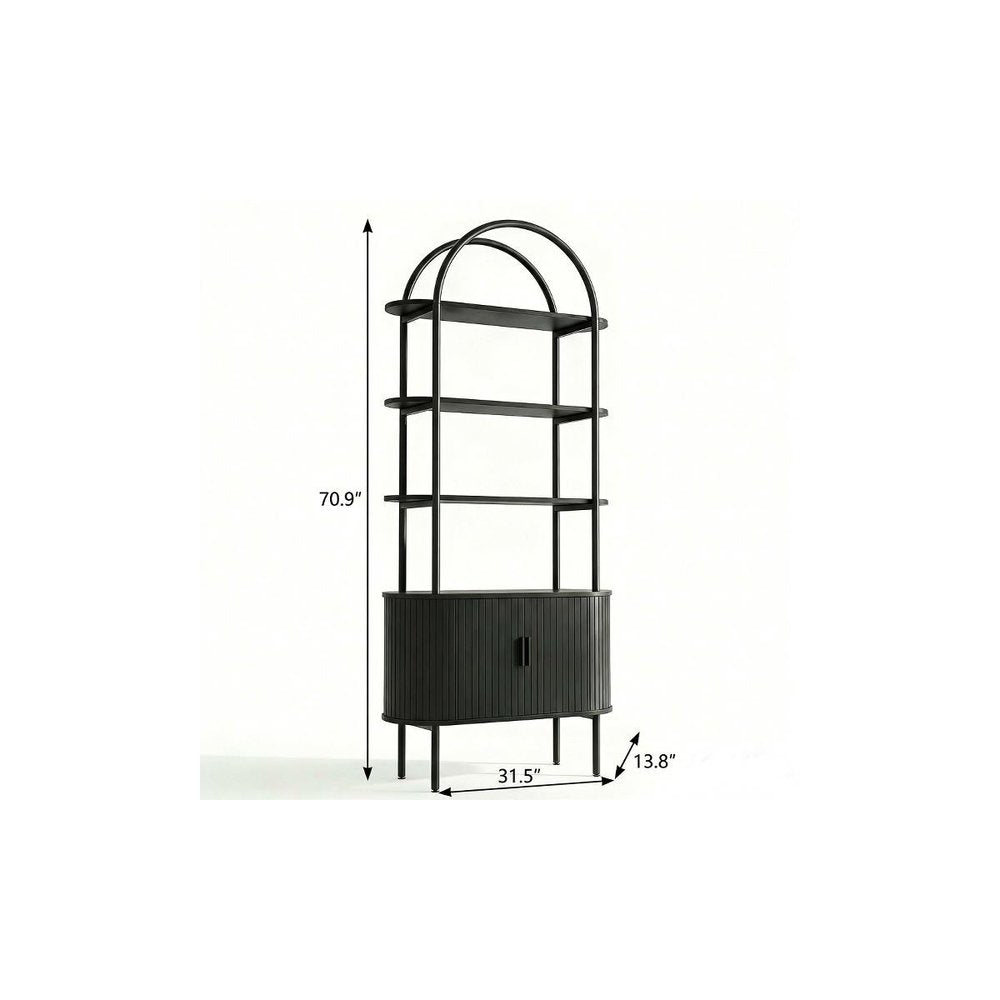 71" Black Wood Four Tier Arched Etagere Bookcase with Two Doors