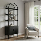71" Black Wood Four Tier Arched Etagere Bookcase with Two Doors