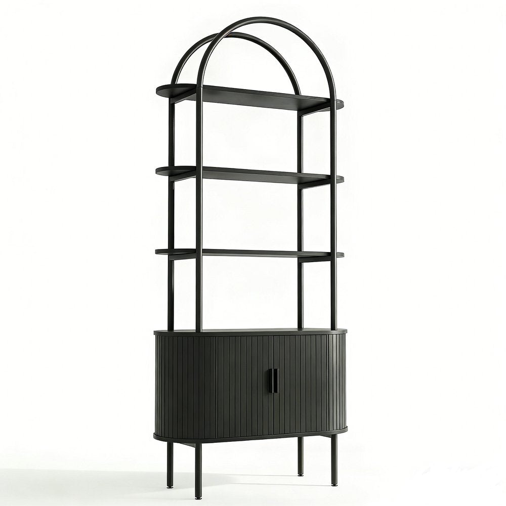 71" Black Wood Four Tier Arched Etagere Bookcase with Two Doors