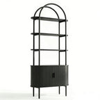 71" Black Wood Four Tier Arched Etagere Bookcase with Two Doors