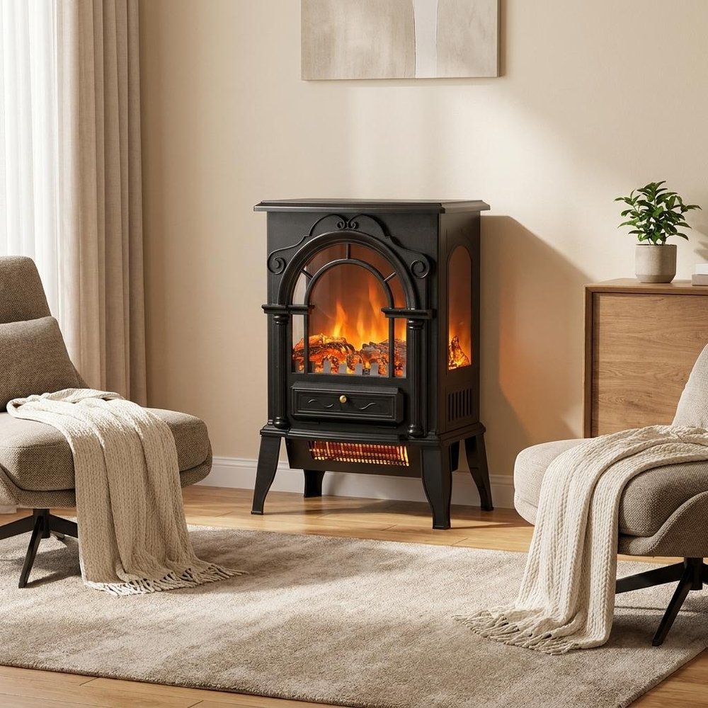 15" Black Ornate Carved Scrollwork Glass And Metal With Storage Electric Fireplace With Mantle