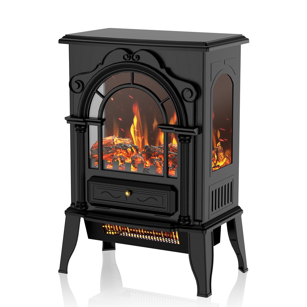 15" Black Ornate Carved Scrollwork Glass And Metal With Storage Electric Fireplace With Mantle