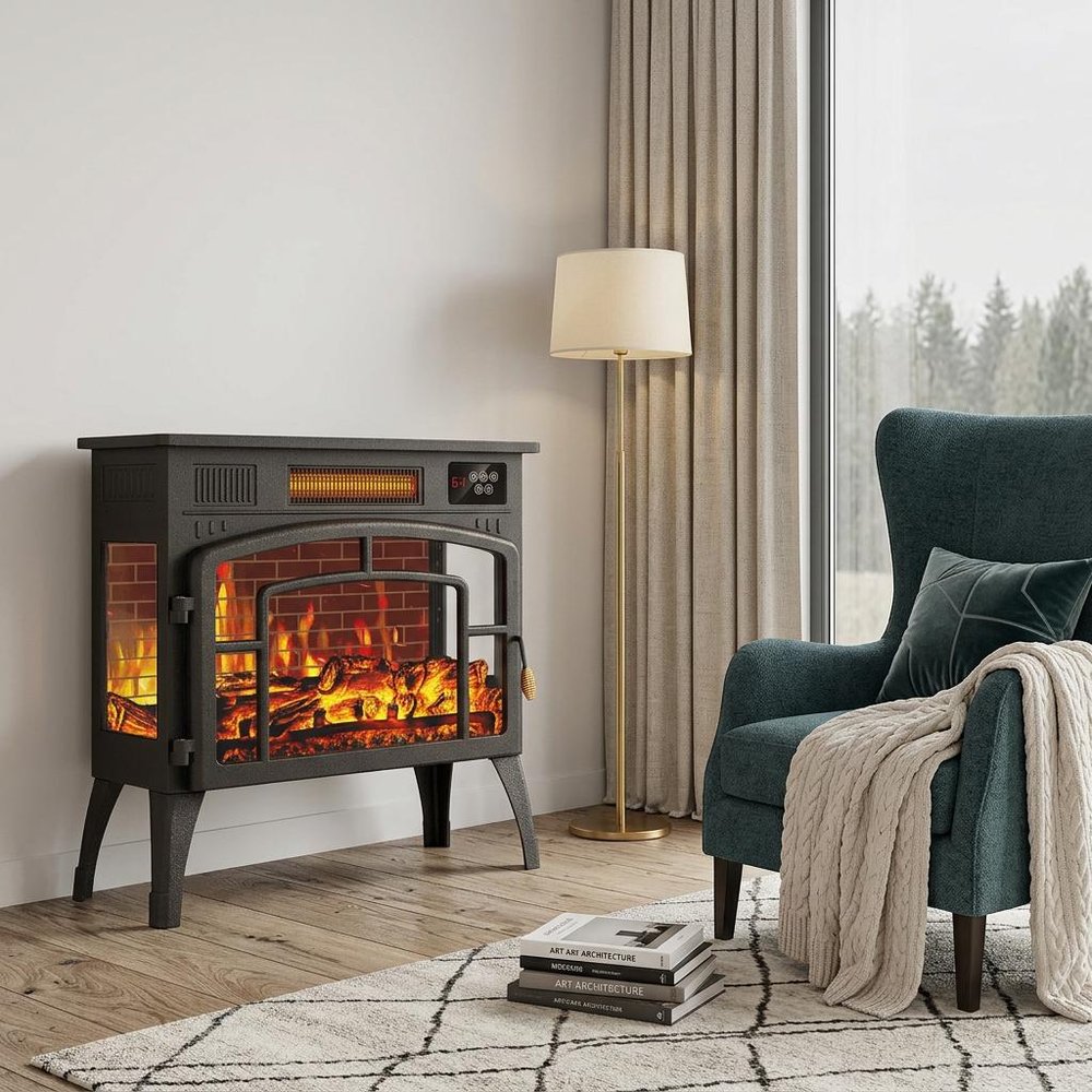 23" Black Steel Electric Fireplace With Mantle