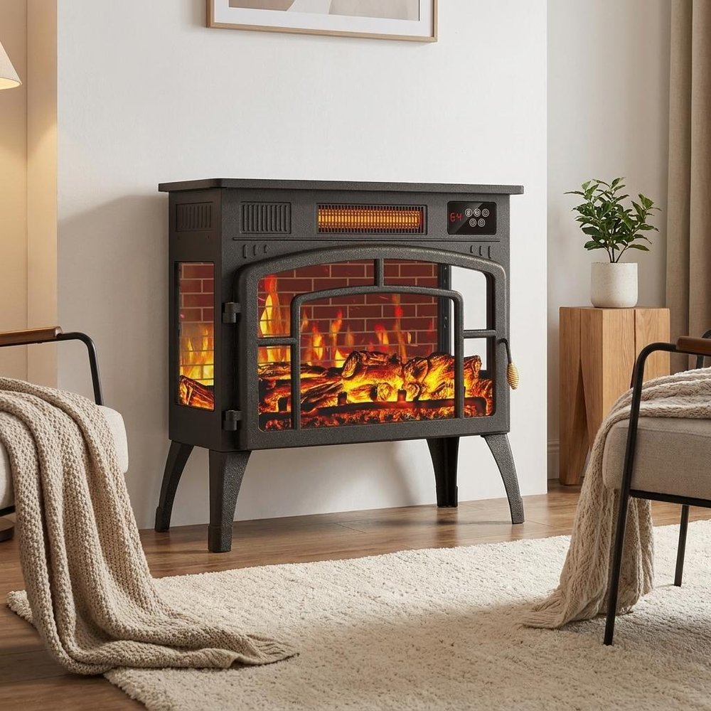 23" Black Steel Electric Fireplace With Mantle