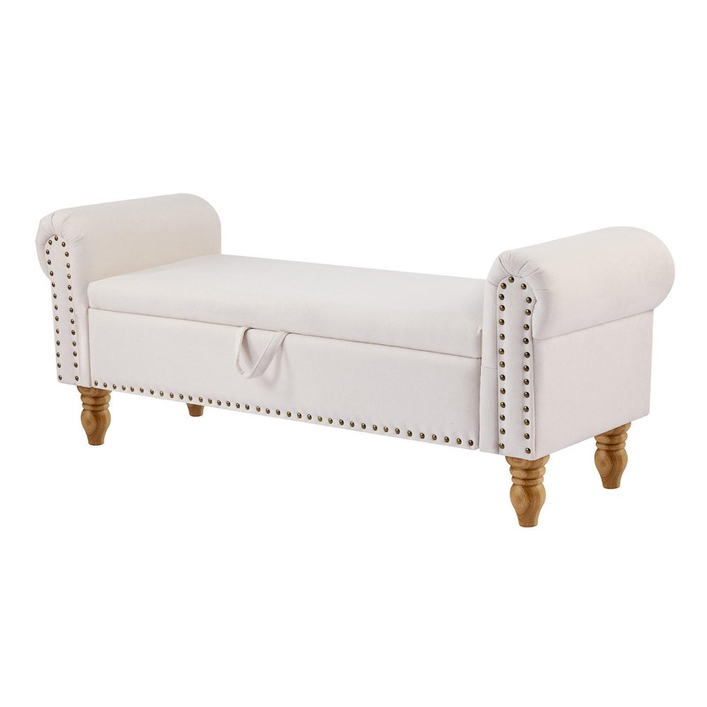 55" Beige and Brown Linen and Solid Wood Upholstered Storage Bench With Flip Top