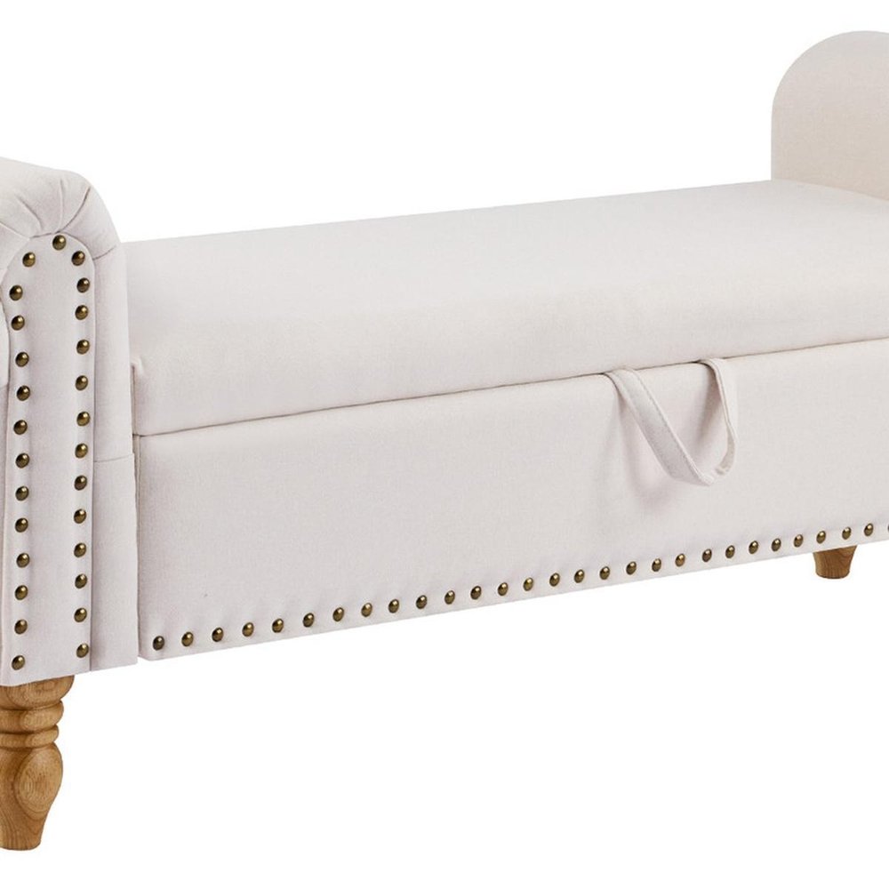 55" Beige and Brown Linen and Solid Wood Upholstered Storage Bench With Flip Top
