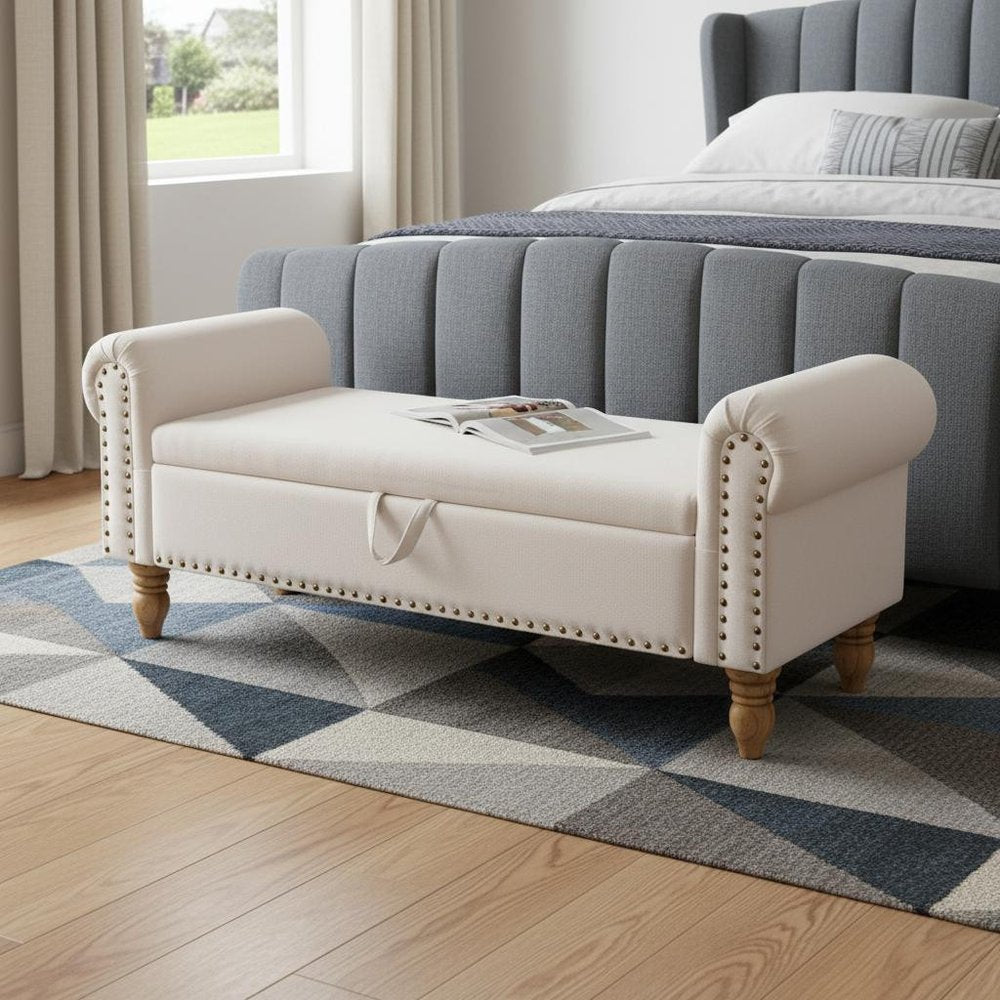 55" Beige and Brown Linen and Solid Wood Upholstered Storage Bench With Flip Top