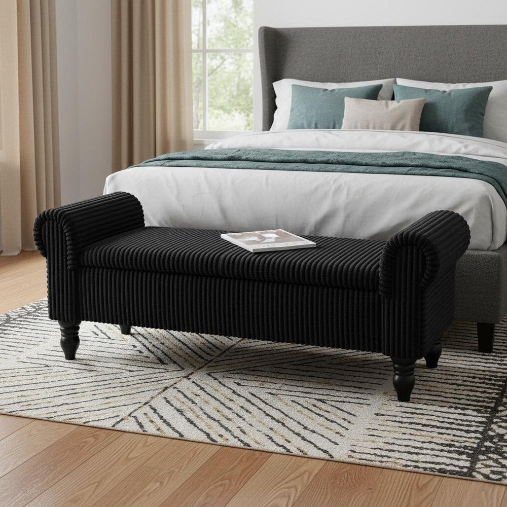 55" White and Brown Corduroy and Solid Wood Upholstered Storage Bench With Flip Top