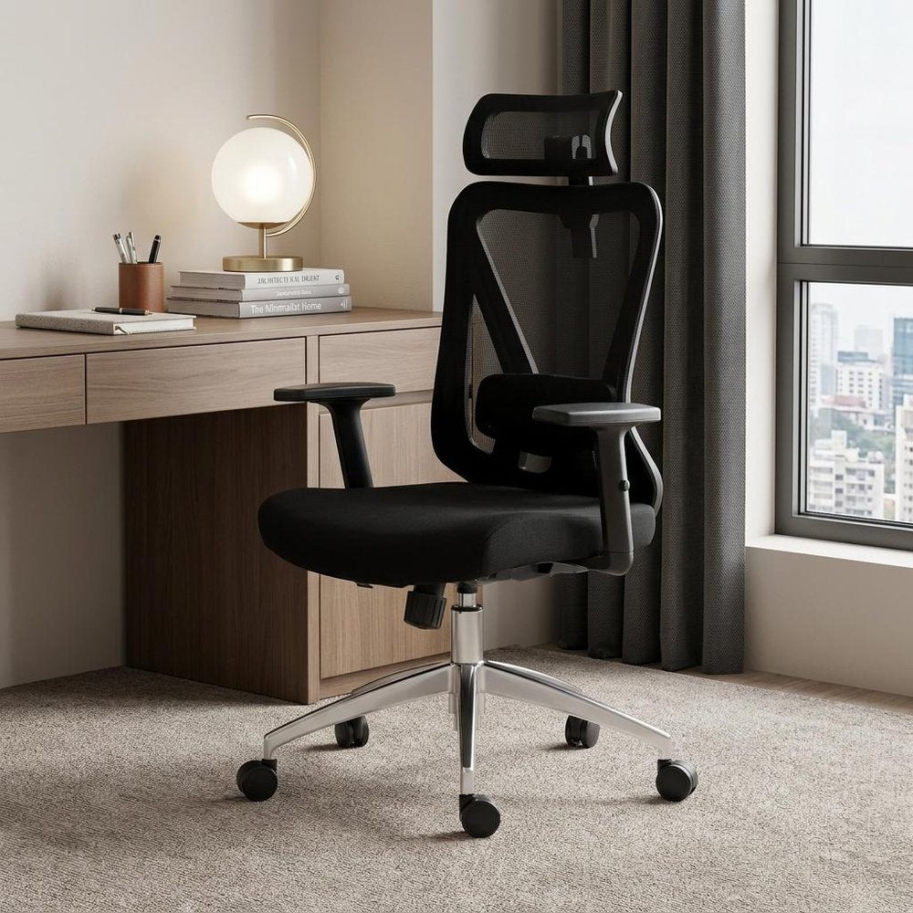 Black And Silver Adjustable Height Swivel Rolling Office Chair