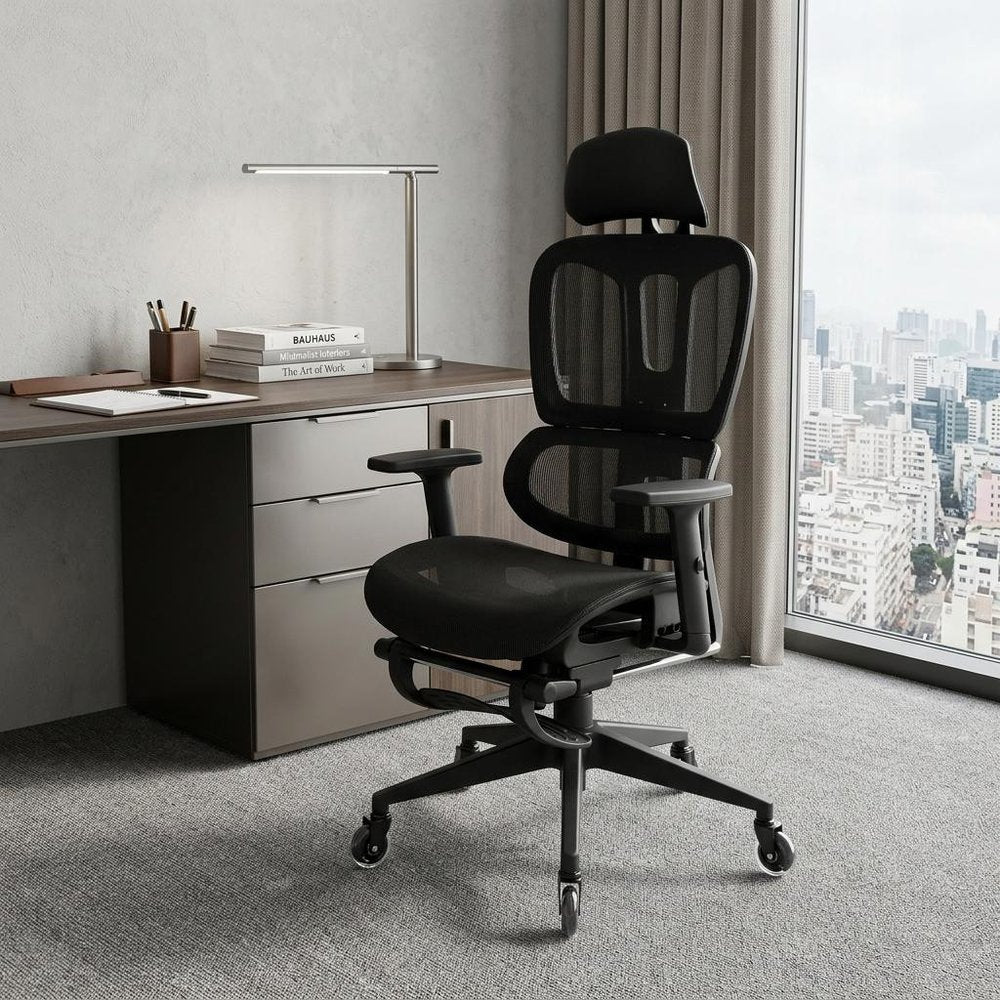 Black Adjustable Height Swivel Rolling Office Chair With Footrest