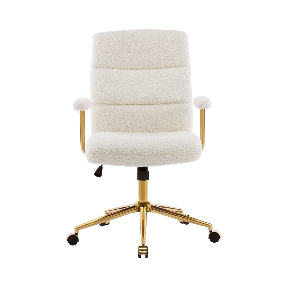 White And Gold Boucle Swivel Rolling Executive Office Chair