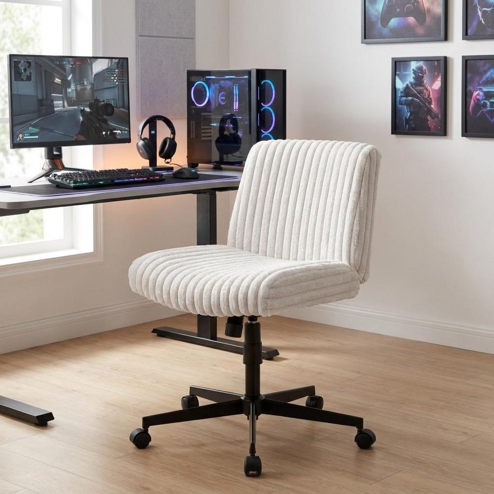 Ivory And Black Adjustable Height Faux Fur Swivel Rolling Gaming Chair