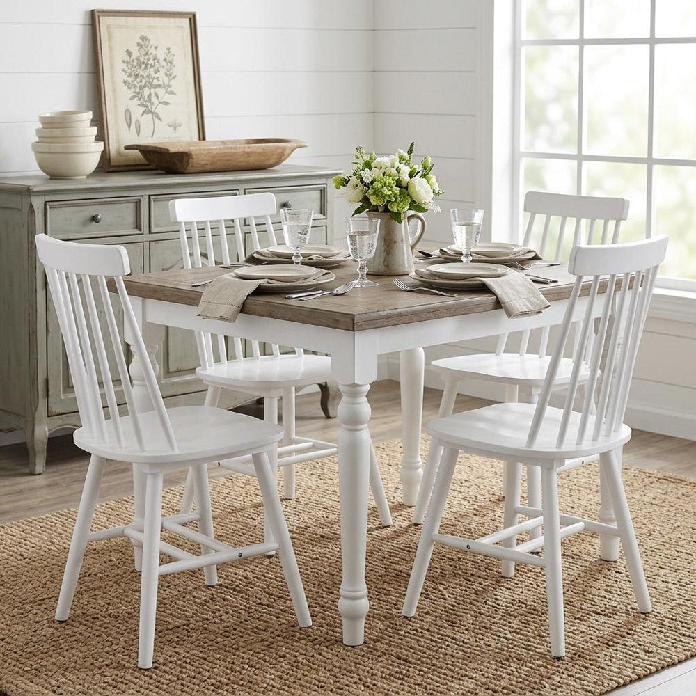 Set of Four White Solid Wood Windsor Back Dining Side Chairs