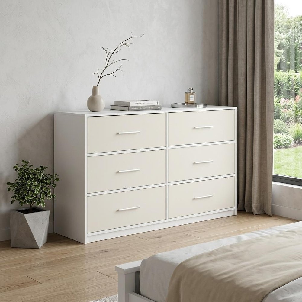 45" White Fabric Wood and Steel Six Drawer Double Dresser