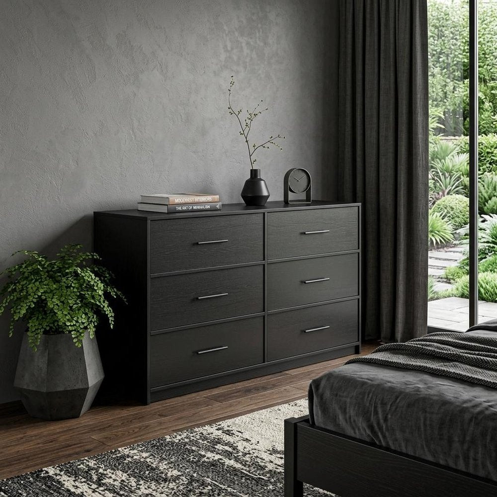 45" Black Fabric Wood and Steel Six Drawer Double Dresser