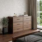 45" Walnut Fabric Wood and Steel Six Drawer Double Dresser