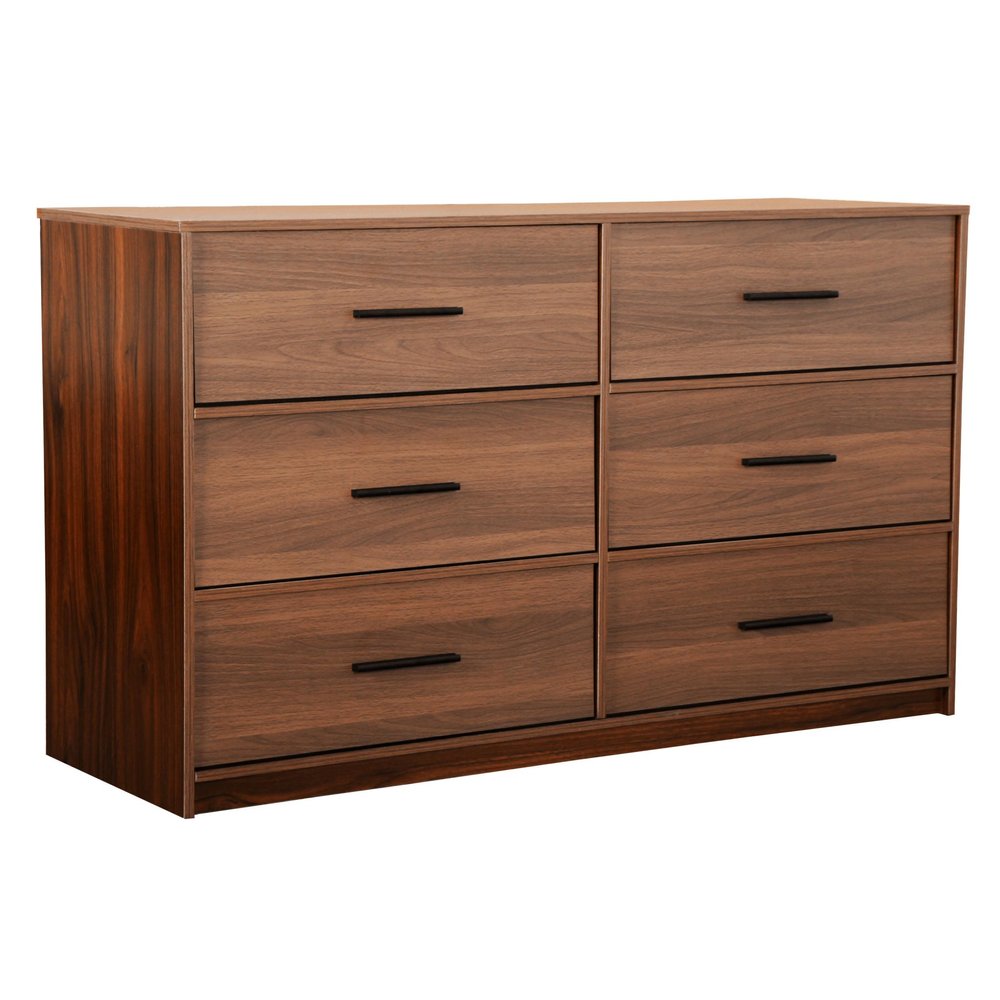 45" Walnut Fabric Wood and Steel Six Drawer Double Dresser