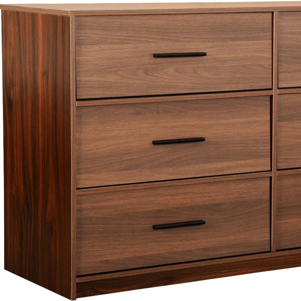 45" Walnut Fabric Wood and Steel Six Drawer Double Dresser