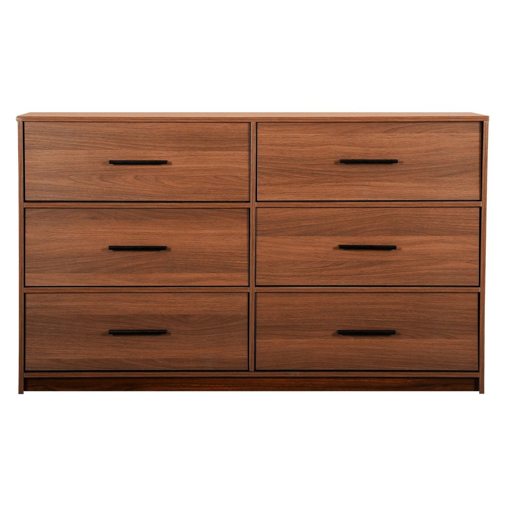 45" Walnut Fabric Wood and Steel Six Drawer Double Dresser