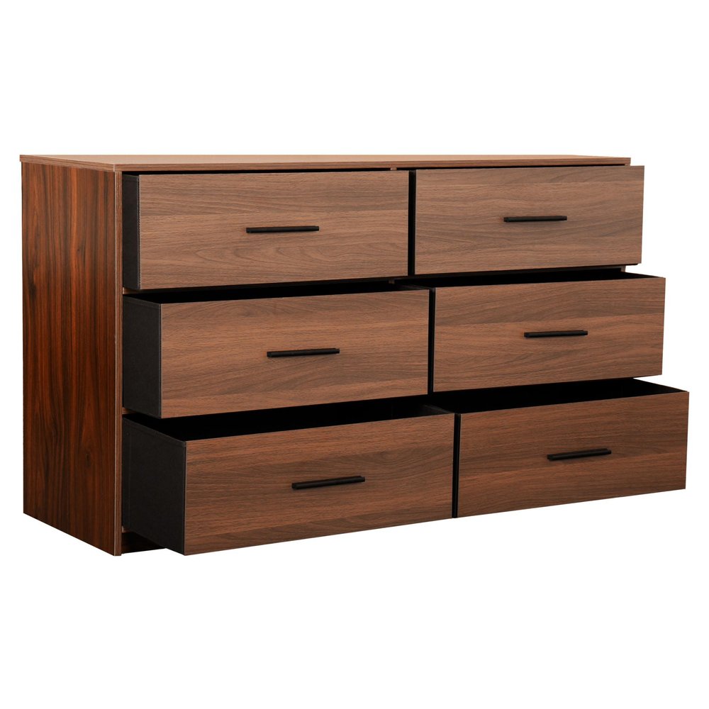 45" Walnut Fabric Wood and Steel Six Drawer Double Dresser