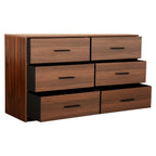 45" Walnut Fabric Wood and Steel Six Drawer Double Dresser