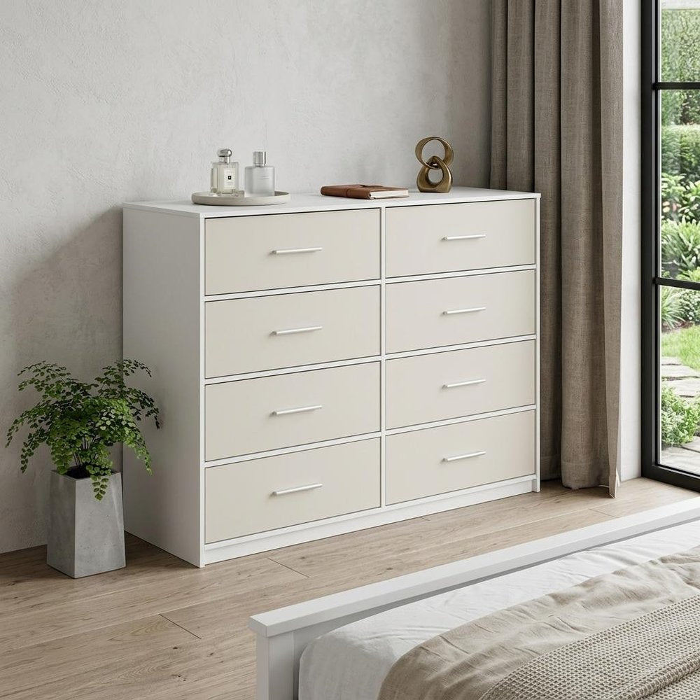 45" White Fabric Wood and Steel Eight Drawer Double Dresser