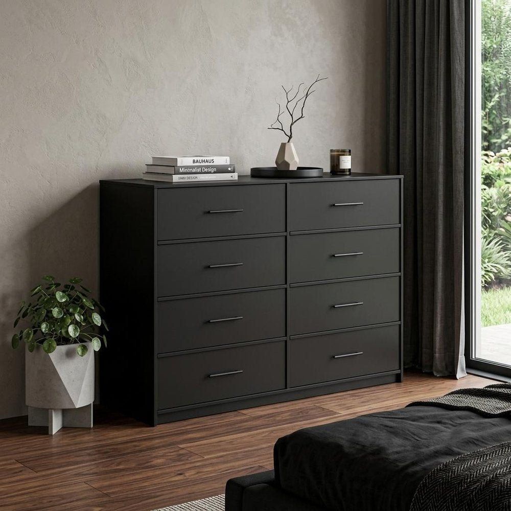 45" Black Fabric Wood and Steel Eight Drawer Double Dresser