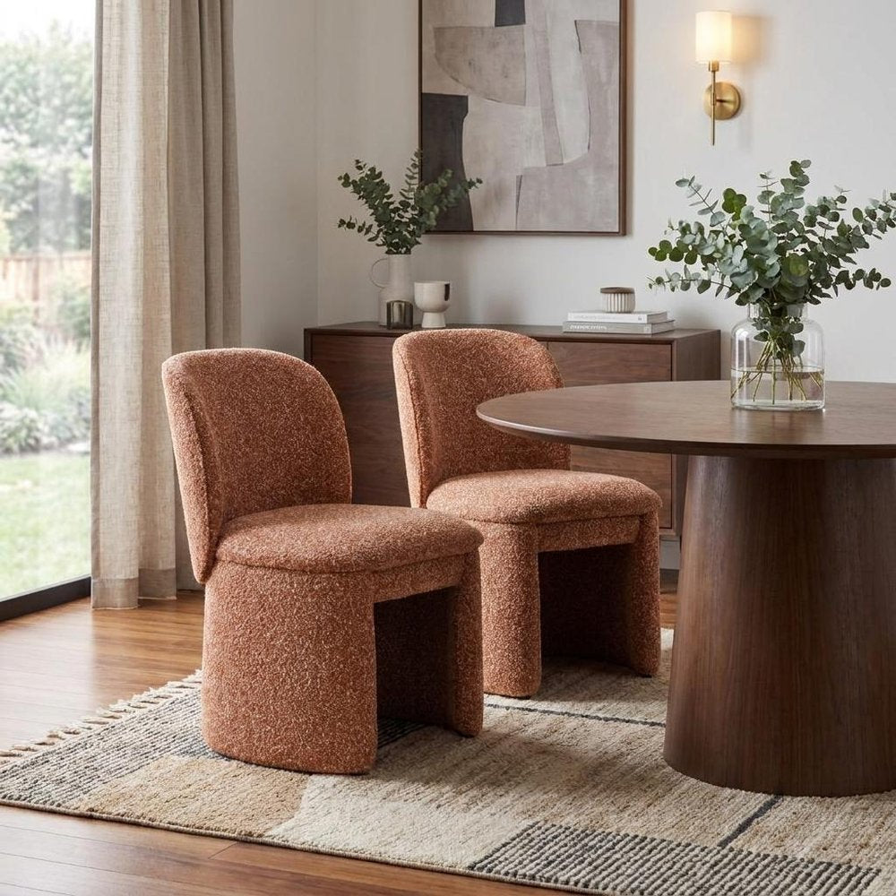 Set of Two Brown Faux Shearling And Wood Dining Side Chairs