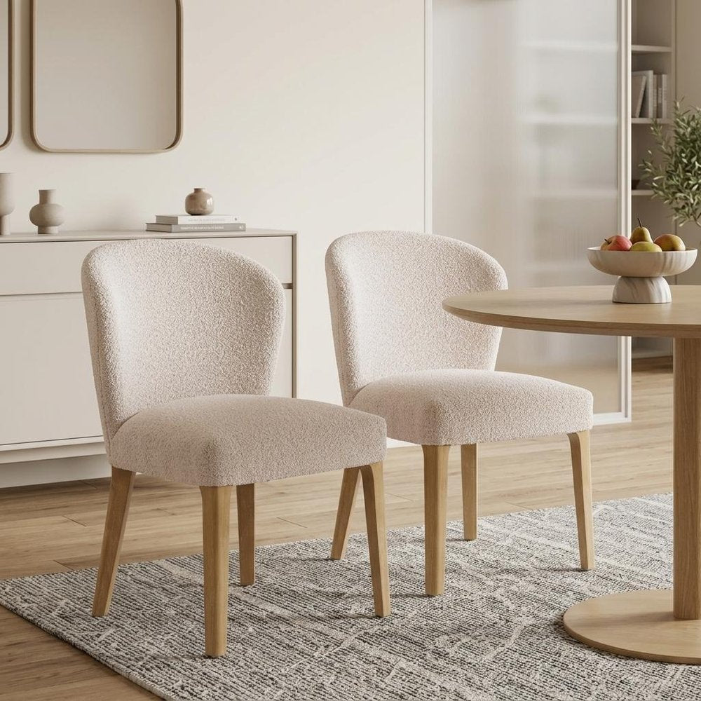 Set of Two Ivory And Natural Faux Shearling And Wood Dining Side Chairs