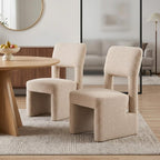 Set of Two Beige Faux Shearling And Wood Open Back Dining Side Chairs