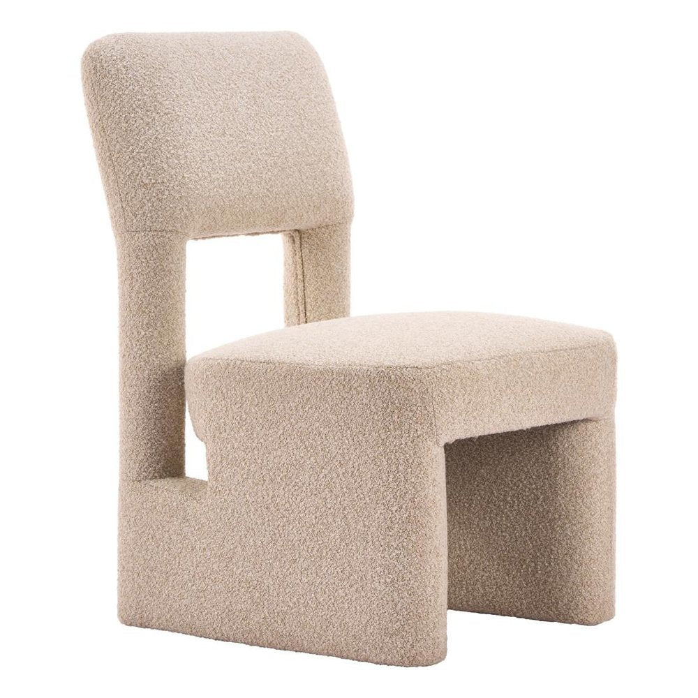 Set of Two Beige Faux Shearling And Wood Open Back Dining Side Chairs