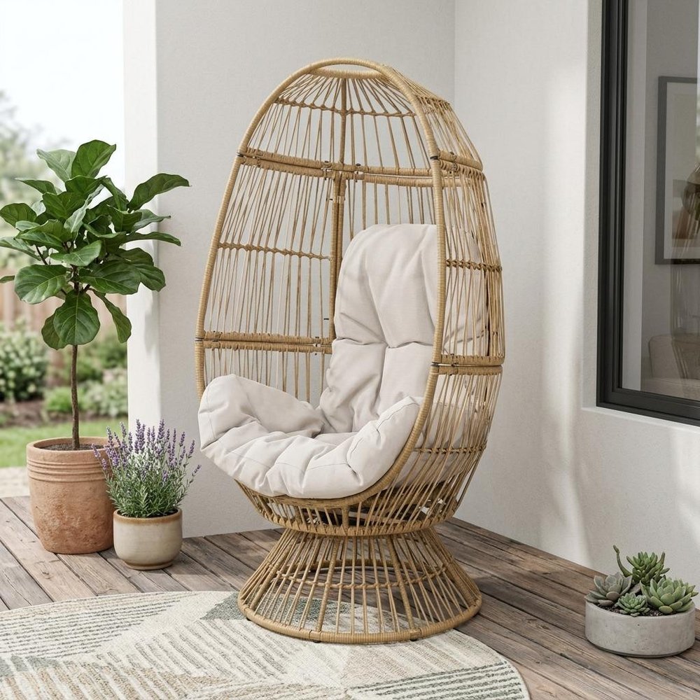 31" Gray Metal Outdoor Egg Chair with Gray Cushion